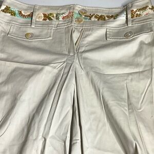 Cream Wide-Leg Pants with Sequin Waist Trim